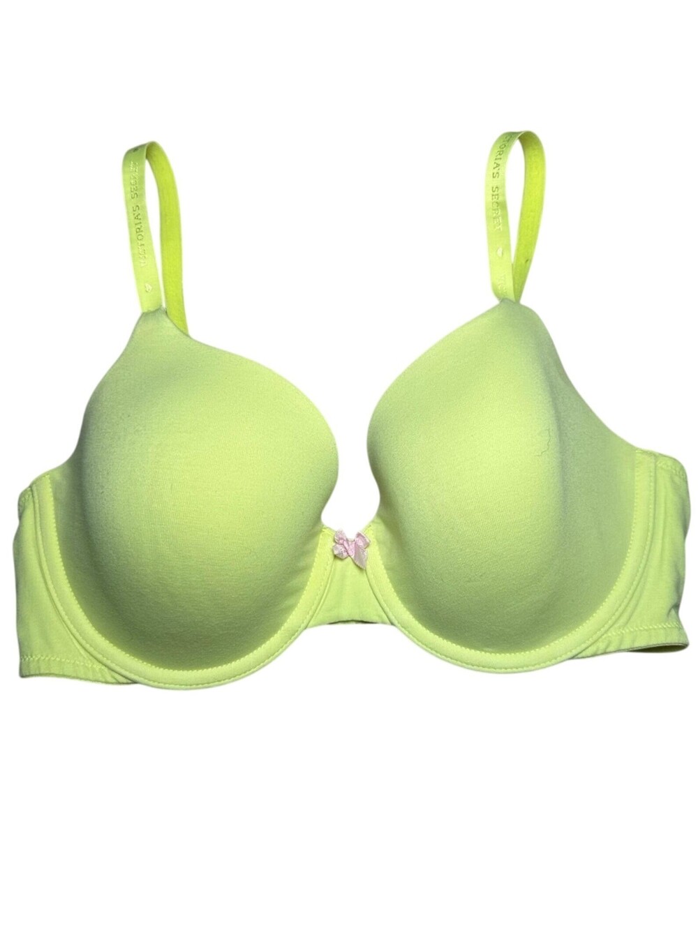 Victoria's Secret Lime Neon Green Plunge Padded Underwire Bra 34C Branded Straps